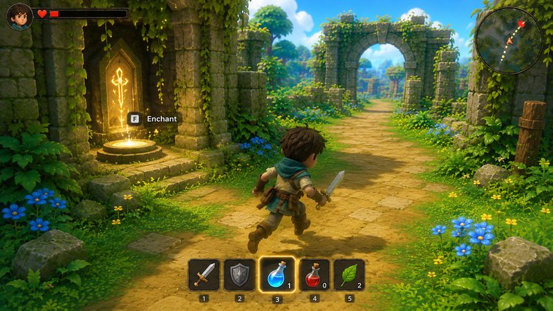 Gameplay clip: player walks past the enchantment shrine
